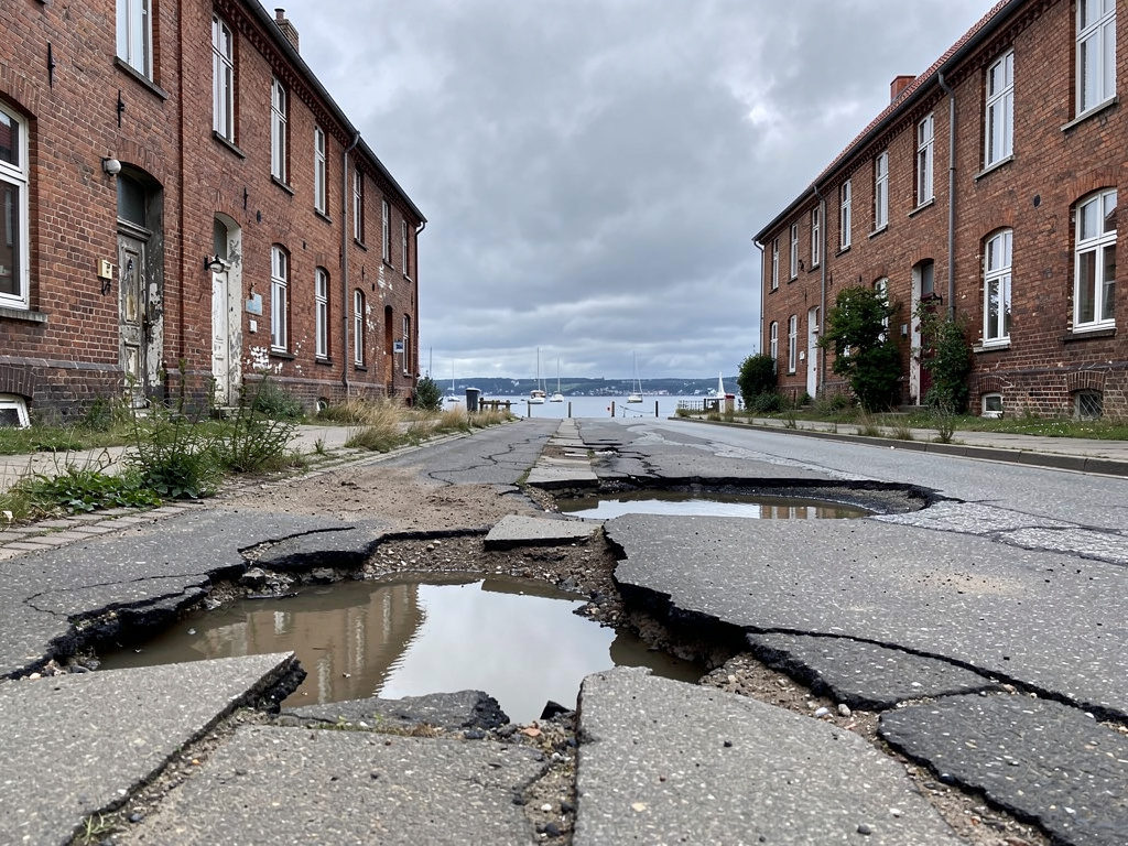 Eine kaputte Straße mit Wasserlöchern führt zur Kieler Förde. Links und recht stehen kaputte Gebäude.